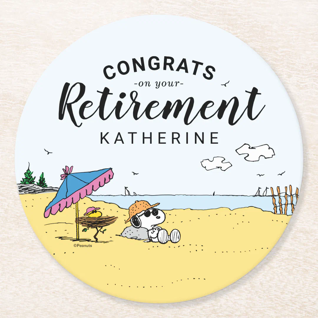 Retirement | Snoopy & Woodstock on the Beach Round Paper Coaster (Front)