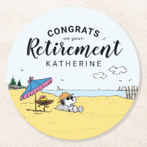 Retirement | Snoopy & Woodstock on the Beach Round Paper Coaster