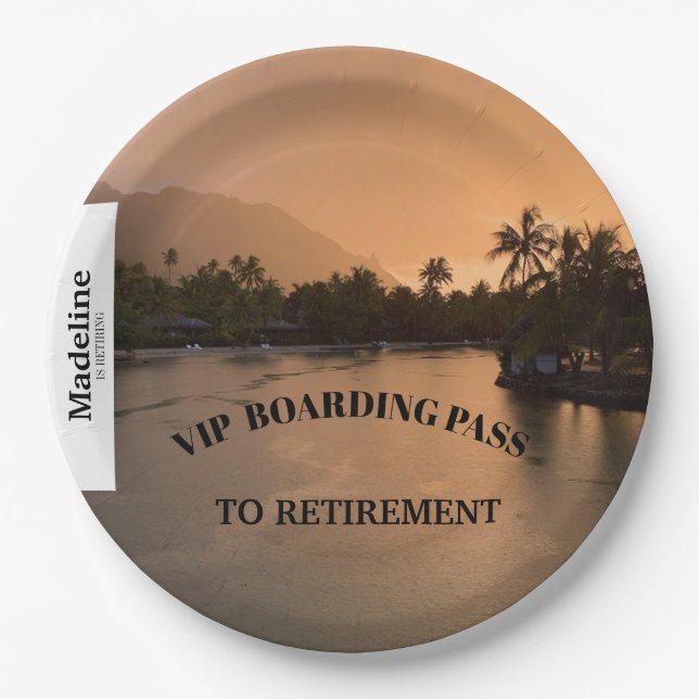 Retirement Sunset Beach Boarding Pass Destination  Paper Plates (Front)