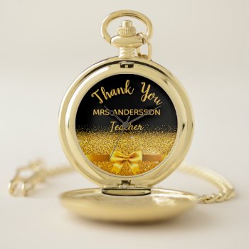 Retirement Teacher Black Gold Bow Thank You Pocket Watch by Thunes at Zazzle