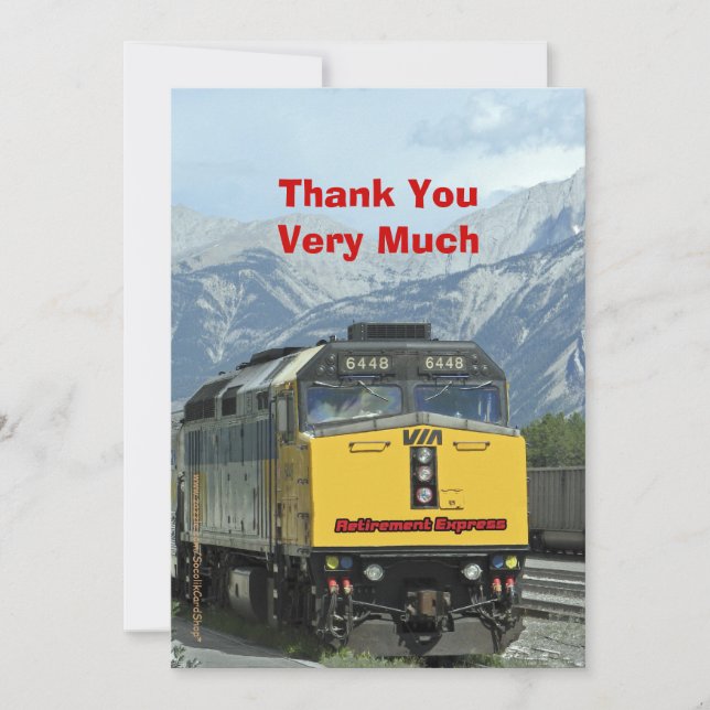 Retirement Thank You, Yellow Train Railroad Thank You Card (Front)