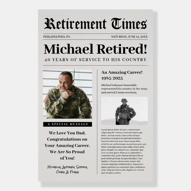 Retirement Times Newspaper 24x36 Foam Board Sign (Front)