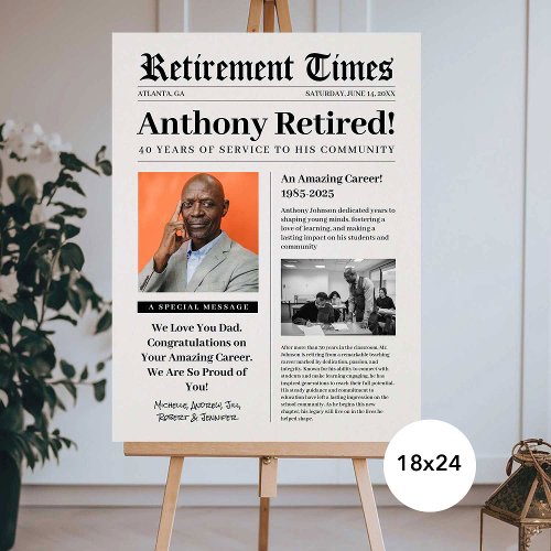 Retirement Times Newspaper Foam Board Sign Teacher