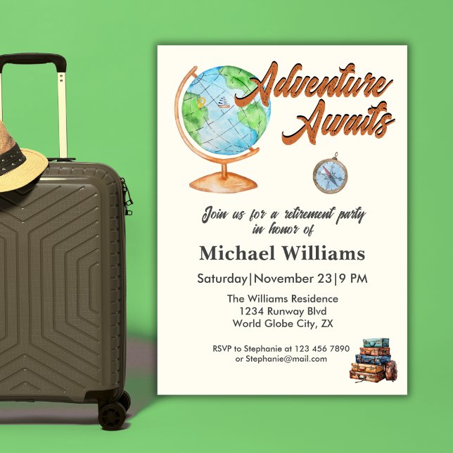 Retirement Travel Adventure Awaits Globe  Invitation (Creator Uploaded)