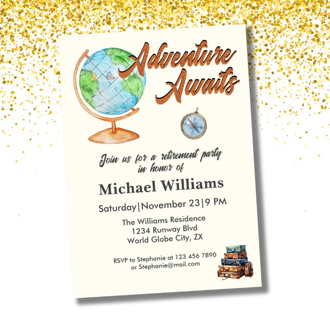 Retirement Travel Adventure Awaits Globe  Invitation (Creator Uploaded)