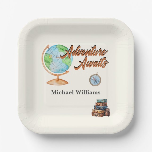 Retirement Travel Adventure Awaits Globe  Paper Plates (Front)