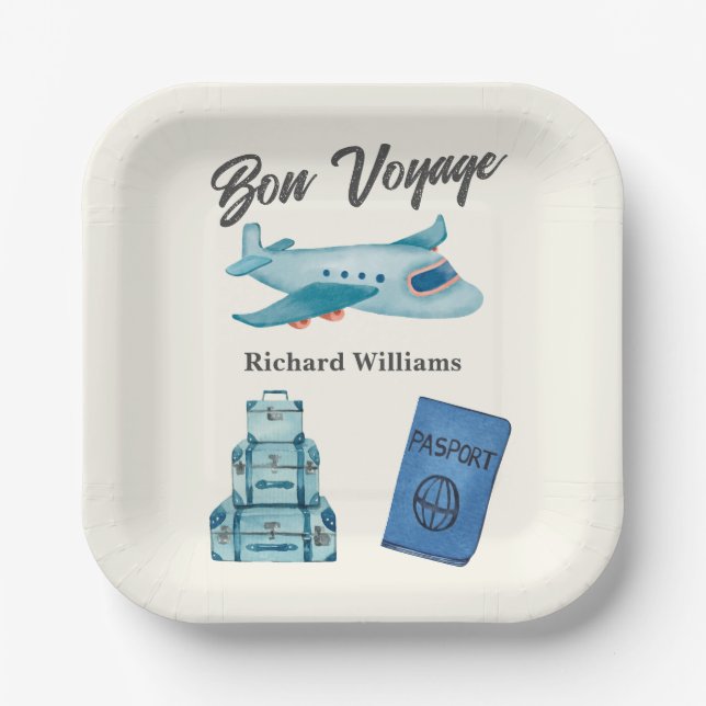 Retirement Travel Adventure Bon Voyage Plane  Paper Plates (Front)