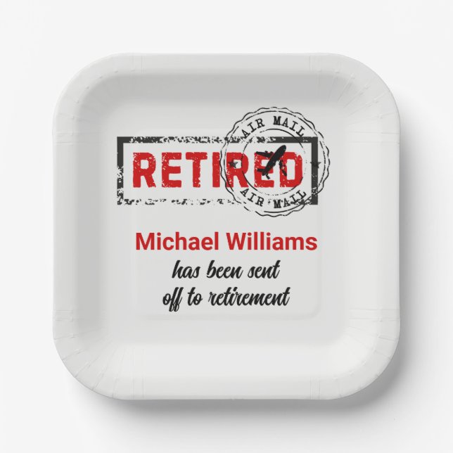 Retirement Travel Post Stamp Grunge Paper Plates (Front)
