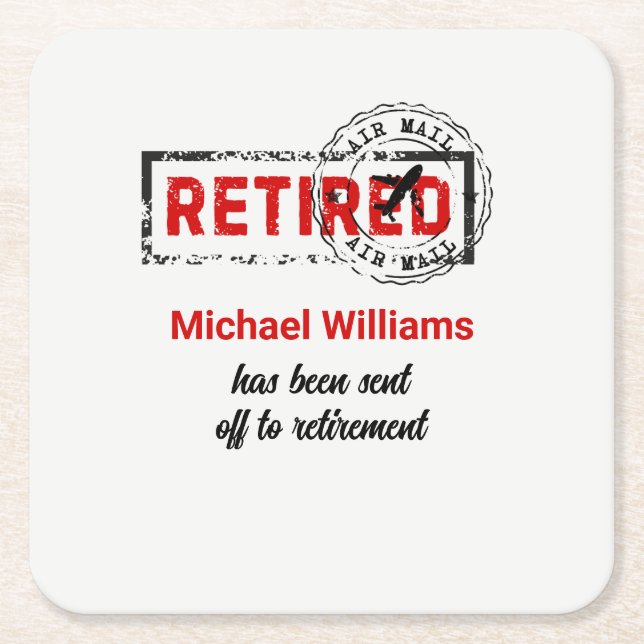 Retirement Travel Post Stamp Grunge Square Paper Coaster (Front)