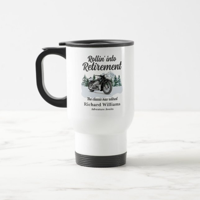 Retirement Travel Theme Classic Motorbike Rolling Mug (Left)