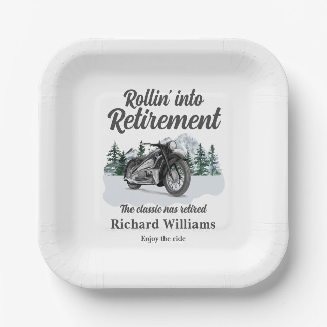 Retirement Travel Theme Classic Motorbike Rolling Paper Plates (Front)