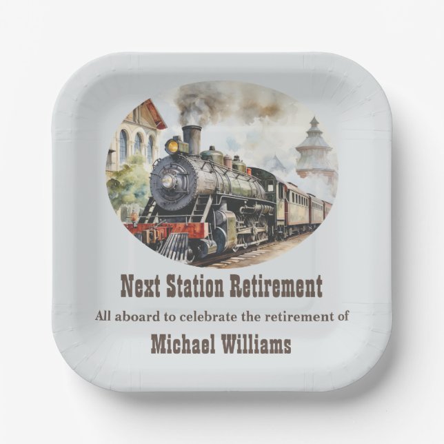 Retirement Travel Theme Party Train Next Station Paper Plates (Front)