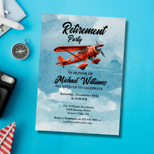Retirement Travel Themed Party Red Plane Vintage Invitation