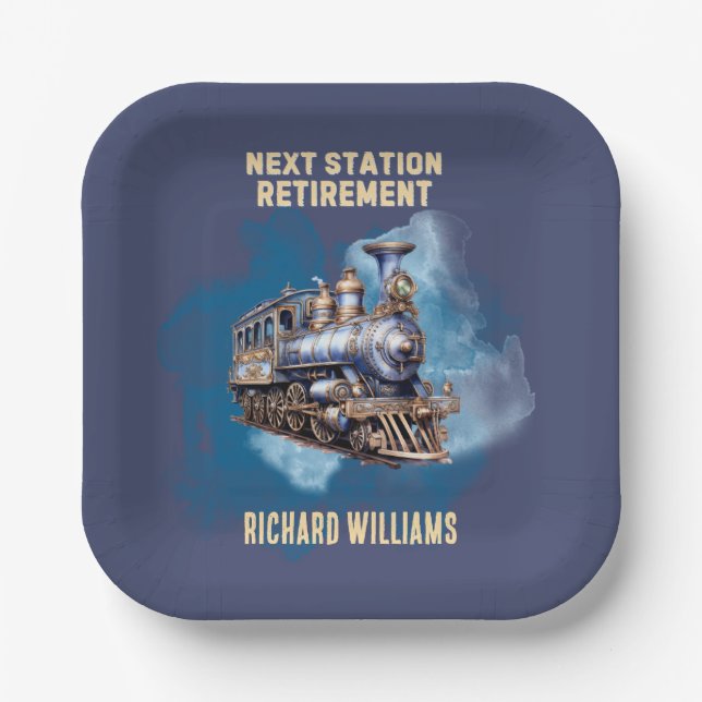 Retirement Travel Themed Train Next Station Party Paper Plates (Front)
