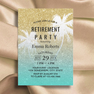 Retirement Tropical Palm Tree Modern Gold Glitter Invitation