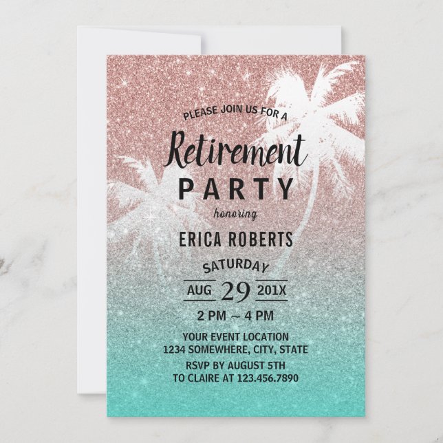 Retirement Tropical Palm Tree Rose Gold Glitter Invitation (Front)