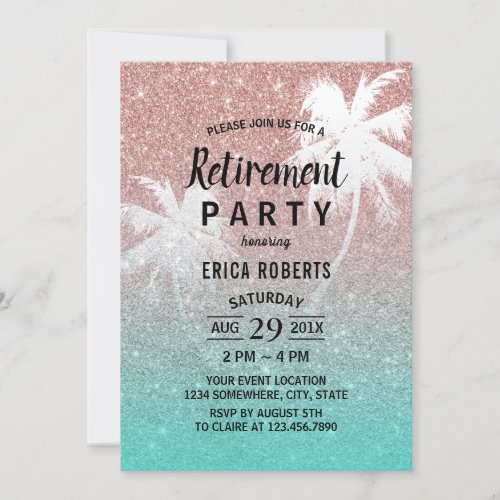 Retirement Tropical Palm Tree Rose Gold Glitter Invitation