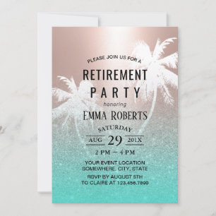 Retirement Tropical Palm Tree Rose Gold & Teal Invitation