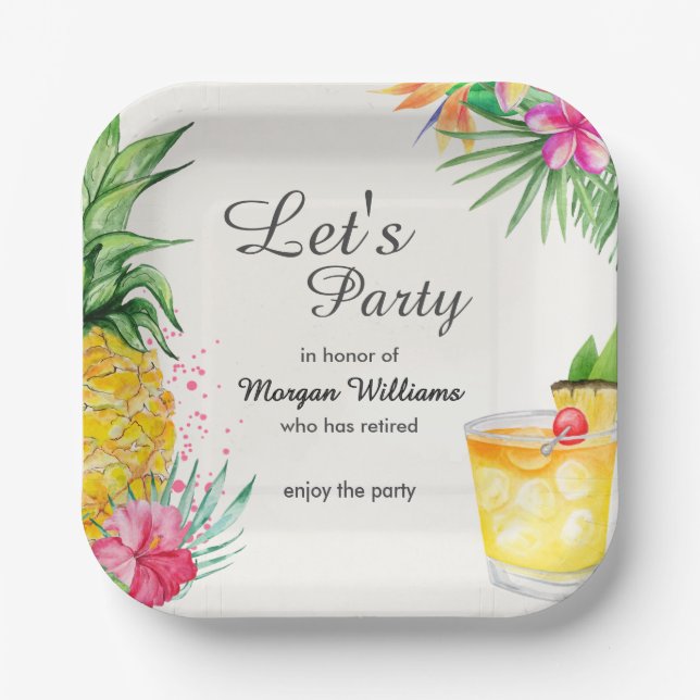 Retirement Tropical Summer Cocktail Party Paper Plates (Front)
