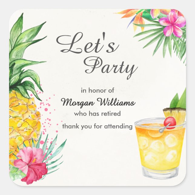 Retirement Tropical Summer Cocktail Party Square Sticker (Front)