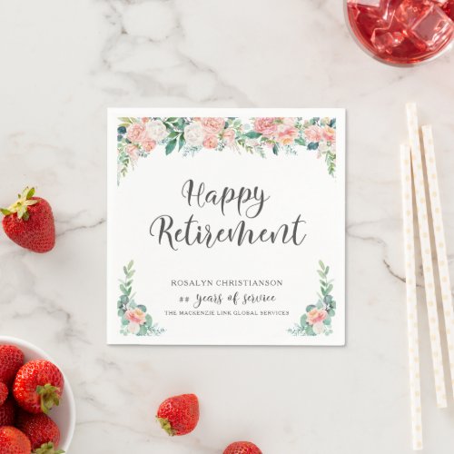 Retirement Watercolor Blush Floral Years Service Napkins
