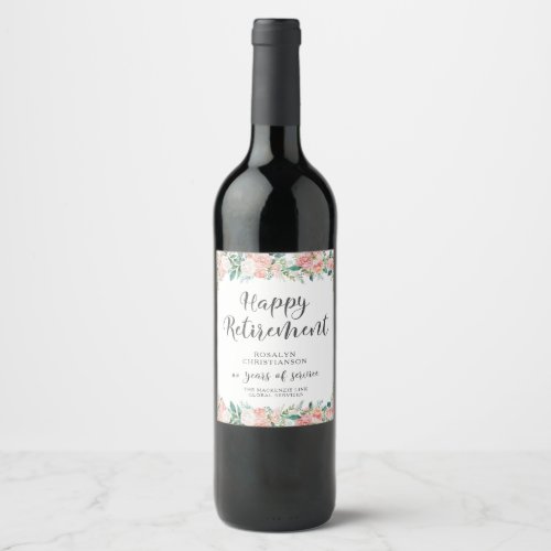 Retirement Watercolor Blush Floral Years Service Wine Label