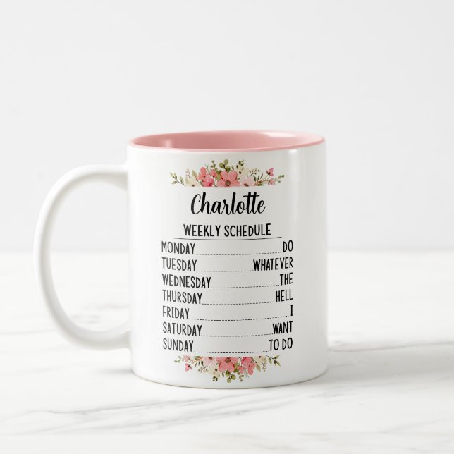 Retirement Weekly Schedule With Personalized Name  Two-Tone Coffee Mug (Left)
