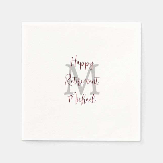Retirement White Gray Burgundy Name Monogram  Napkins (Front)