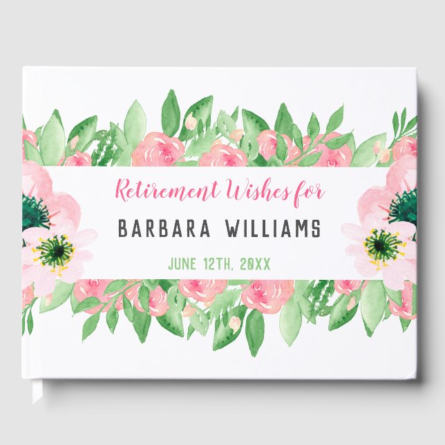 Retirement Wishes Pink Watercolor Floral Guest Book (Front)