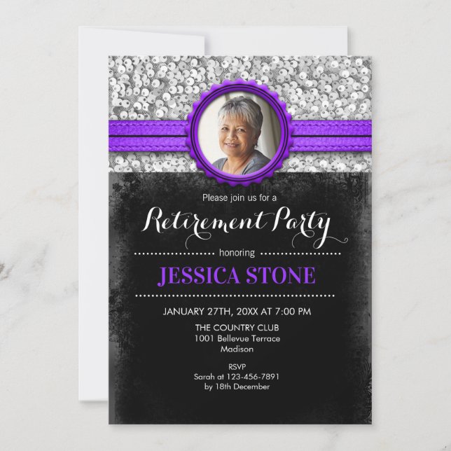 Retirement With Photo - Purple Silver Black Invitation (Front)