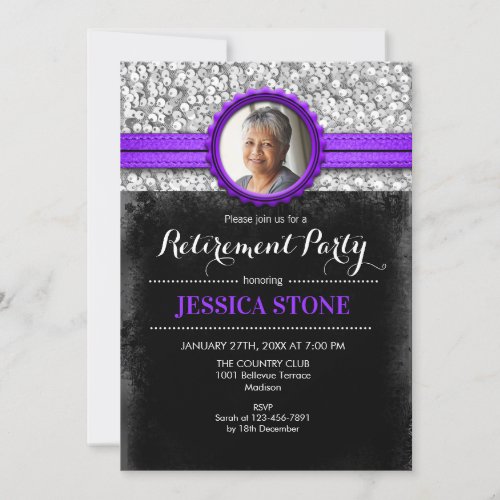 Retirement With Photo _ Purple Silver Black Invitation