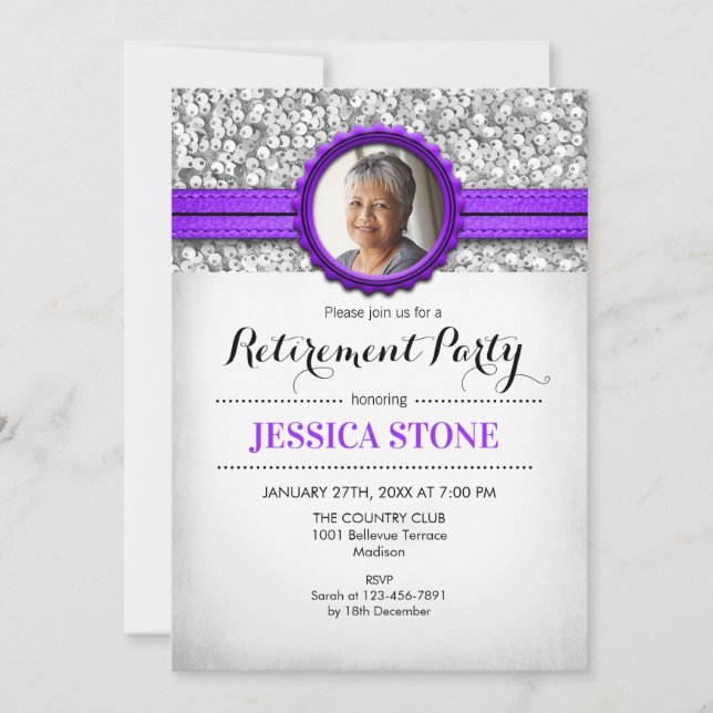 Retirement With Photo - Purple Silver White Invitation (Front)