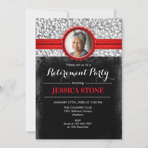 Retirement With Photo _ Red Silver Black Invitation