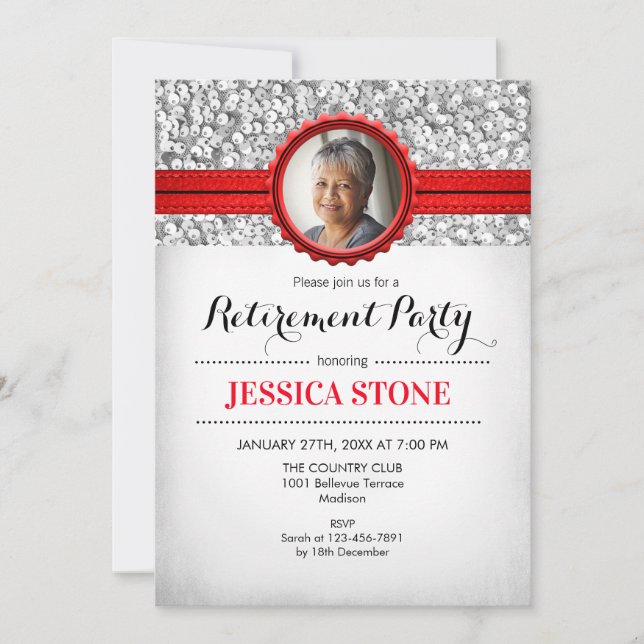 Retirement With Photo - Red Silver White Invitation (Front)