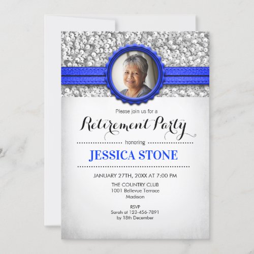 Retirement With Photo _ Royal Blue Silver Invitation