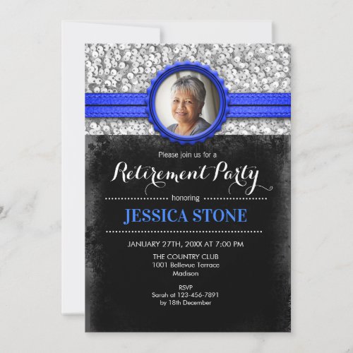 Retirement With Photo _ Royal Blue Silver Invitation