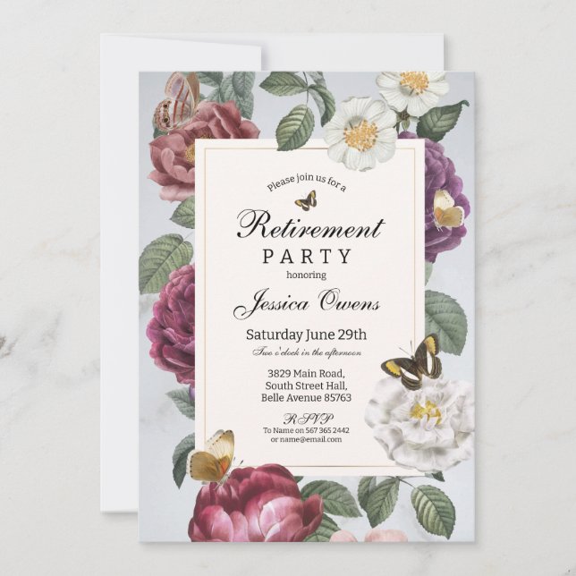 Retirement Womens Bloom Butterfly Floral Vintage Invitation (Front)