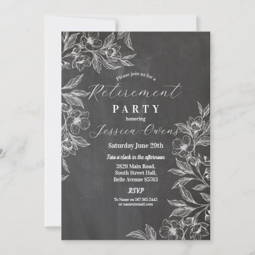 Retirement Womens Elegant Black  White Floral Invitation