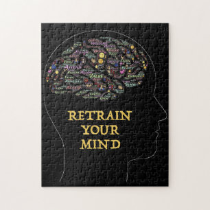 Retrain Your Mind Inspirational Word Art Design Jigsaw Puzzle