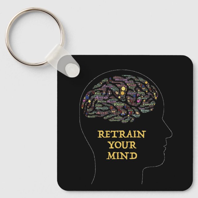 Retrain Your Mind Inspirational Word Art Design Keychain (Front)