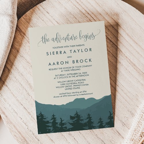 Retreat to the Mountains  Green Adventure Wedding Invitation