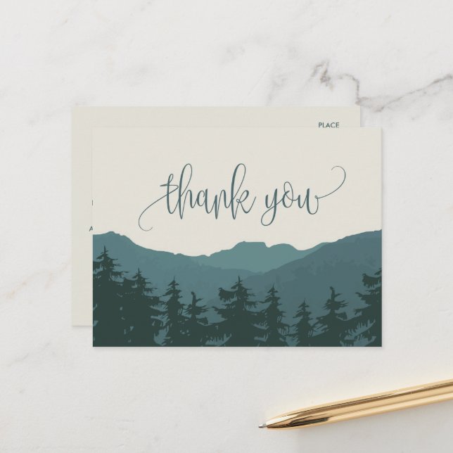 Retreat to the Mountains | Green Thank You Postcard (Front/Back In Situ)