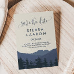 Retreat to the Mountains Save the Date Card<br><div class="desc">This retreat to the mountains save the date card is perfect for a modern wedding. The design features a serene blue watercolor mountain range with a forest of evergreen trees in the foreground.</div>