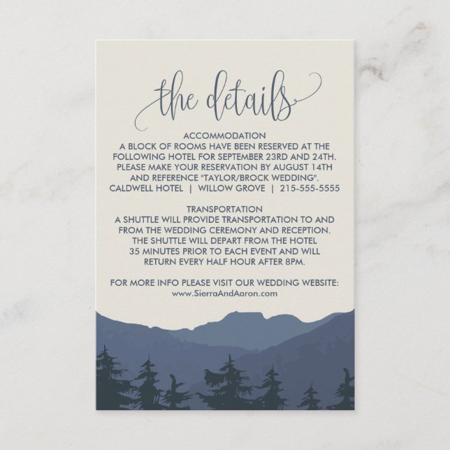 Retreat to the Mountains Wedding Details Card (Front)