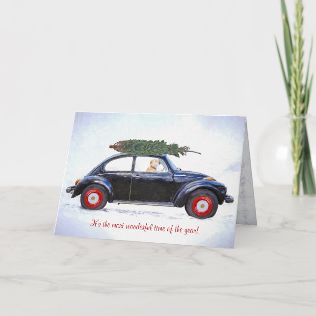 retriever in retro black car with Christmas tree Holiday Card (Front)