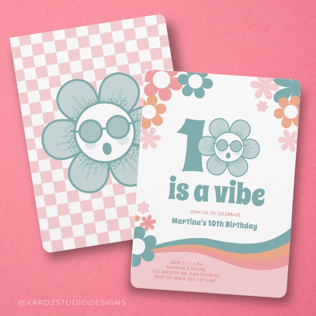 Retro 10th Birthday Girl Party Invitation (This 10th birthday invitation is shown in 5x7 inches with rounded corners. )