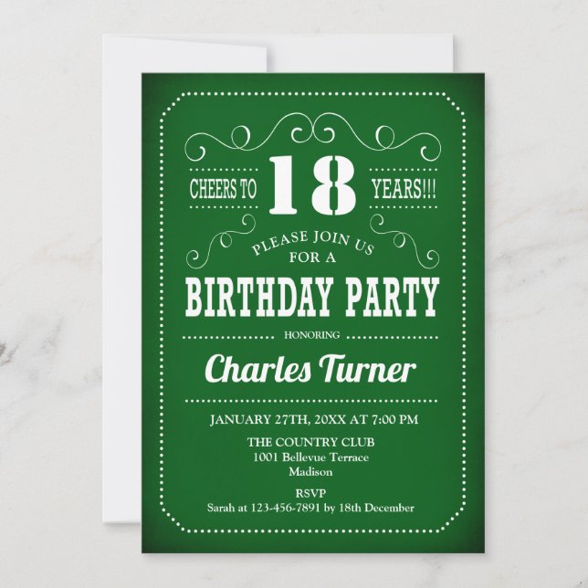 Retro 18th Birthday Party - Green White Invitation (Front)