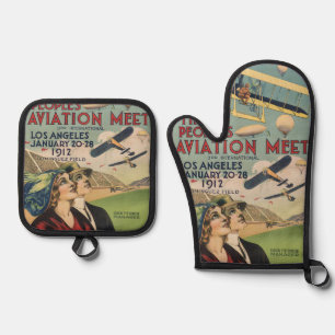 Retro 1912 Los Angeles Air Show Travel Art Oven Mitt & Pot Holder Set
