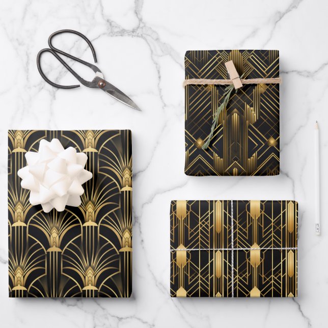 Retro 1920s Art Deco Gold Pattern Geometric Gift Wrapping Paper Sheets (Front)