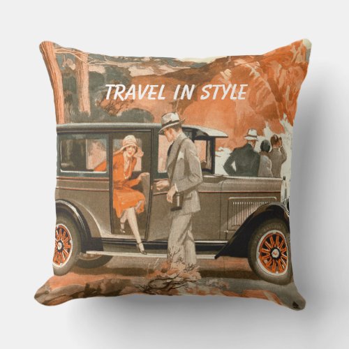 Retro 1920s Flapper Lady Classical Car Road Trip Throw Pillow